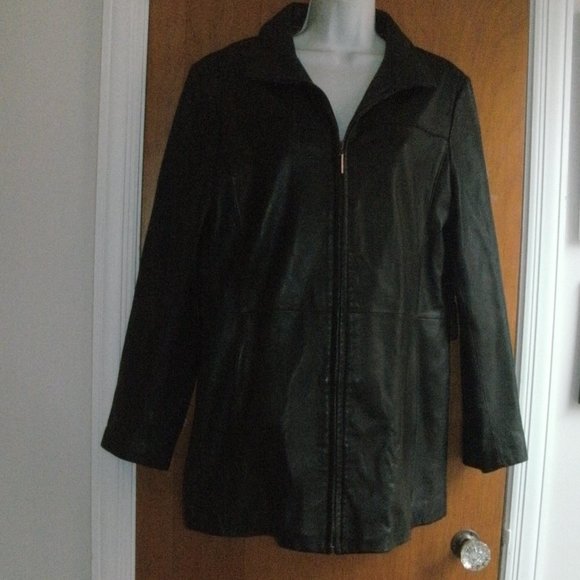 Covington Fitted Black Soft Leather Jacket Coat Full Zip Animal Print Lining ~ L - Picture 2 of 5